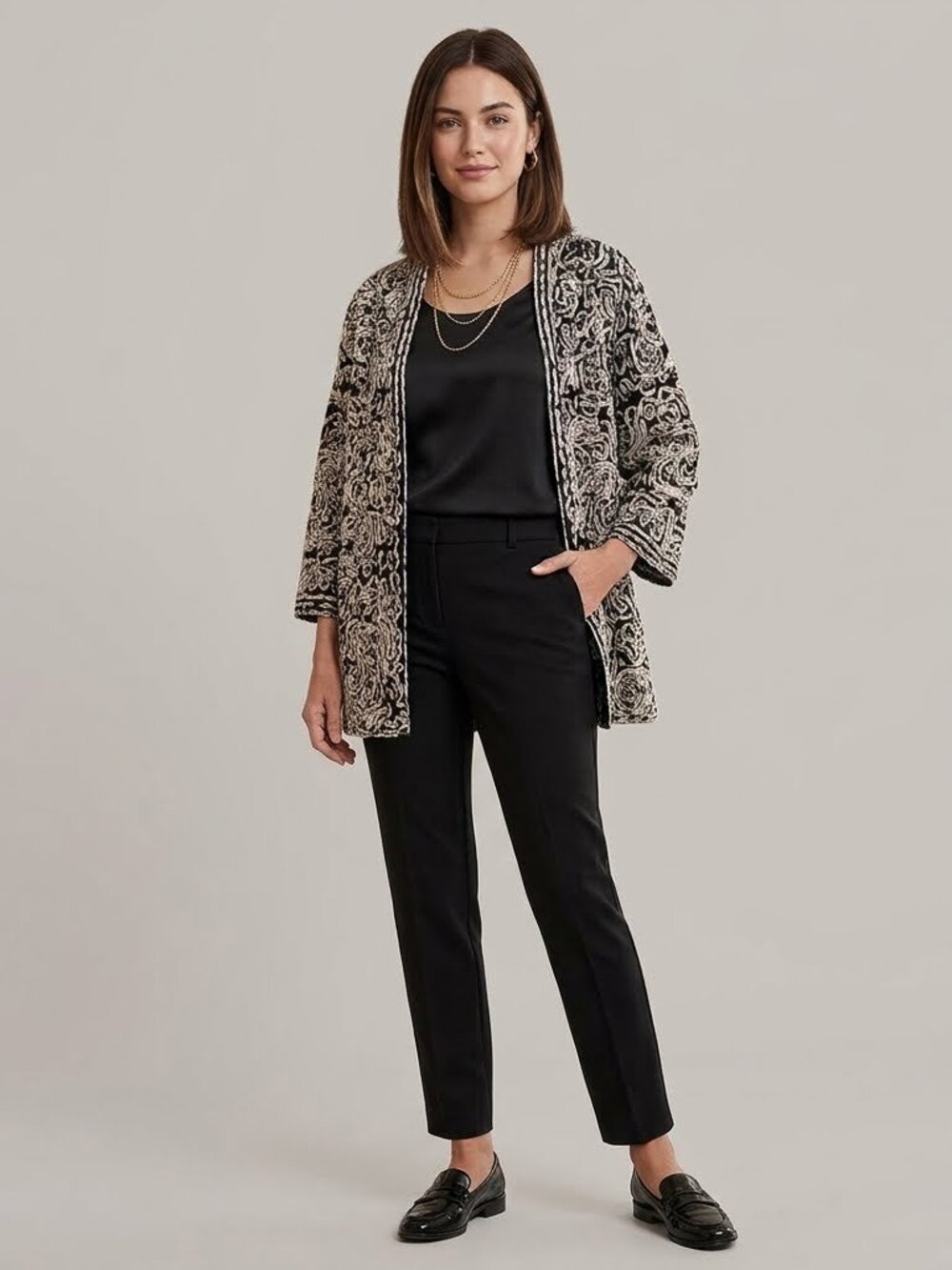 Chico's Travelers Jacket Womens Size 3 Black Ivory Soutache Swirl Open